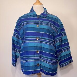 CHICO’S DESIGN-Blue,Turquoise Blue Striped Silk Button Front Crop Blazer  XL/14